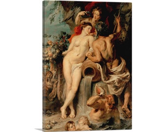 May include: A painting depicting a scene from Greek mythology. A nude woman stands with a man pouring water from a large jug. A third figure, a woman in red, looks on. The scene is set in a lush forest with a tiger in the background.