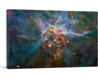 May include: A vibrant nebula with swirling clouds of gas and dust in shades of blue, orange, and yellow. The nebula is filled with bright stars, some of which are surrounded by glowing halos.
