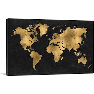 ARTCANVAS Black Yellow World Map Globe Canvas Art Print