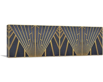 ARTCANVAS Art Deco Geometric Yellow Navy Blue Panoramic Canvas Art Print