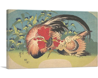ARTCANVAS Rooster, Hen, and Chicken with Spiderwort 1830 by Katsushika Hokusai Canvas Art Print