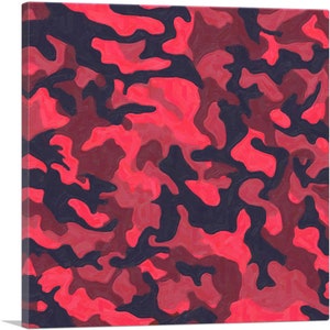 May include: Abstract camouflage pattern in shades of red and black. The pattern is made up of irregular shapes and lines.