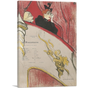 May include: A vintage poster for the play "Le Missionnaire" featuring a woman in a hat and glasses sitting in a theater box. The poster is in a red, yellow, and white color scheme and includes the title of the play and the names of the actors.