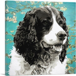 ARTCANVAS English Springer Spaniel Dog Breed Teal Flowers Canvas Art Print