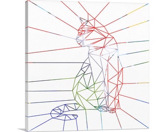 May include: Geometric abstract art print of a cat in red, blue, green, and black lines on a white background.