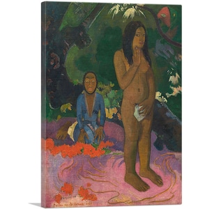 May include: A painting of two people in a jungle setting. The person on the left is wearing a blue dress and sitting on a bed of red flowers. The person on the right is standing and is nude. The painting is done in a style that is reminiscent of Paul Gauguin.