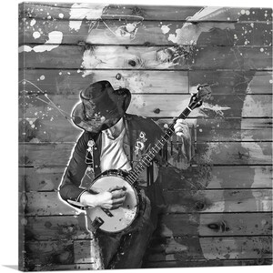 ARTCANVAS Black and White Banjo Musician Home Decor Canvas Art Print