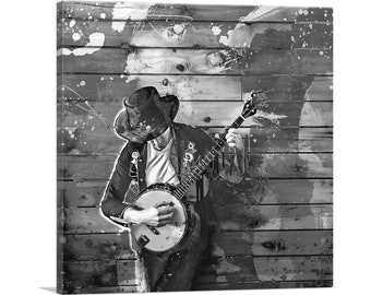 ARTCANVAS Impresión artística en lienzo para decoración del hogar, músico, banjo, blanco y negro