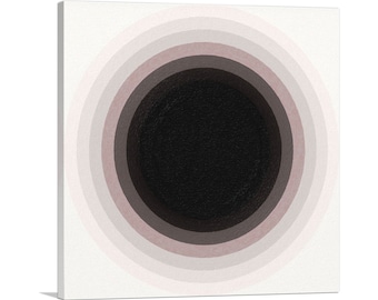 May include: Abstract art print featuring a black circle surrounded by concentric circles in shades of gray and white.