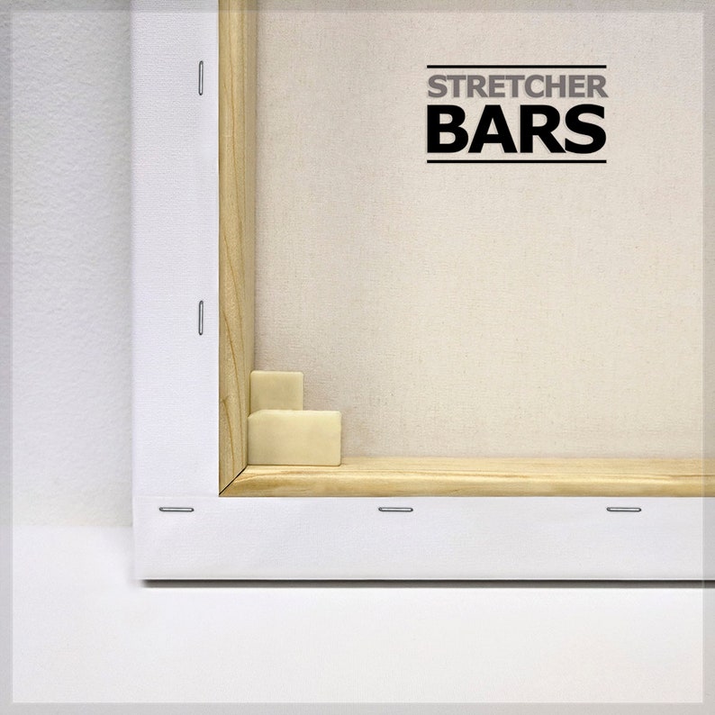 May include: Close-up of a wooden canvas stretcher bar with white canvas and corner braces. The text "STRETCHER BARS" is printed on the canvas.