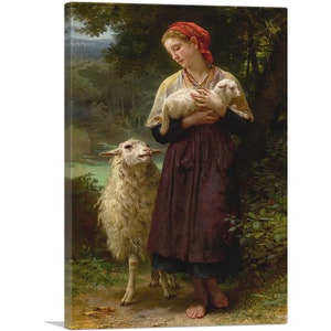 May include: A young woman in a red and white dress holds a white lamb in her arms. She is standing in a forest setting with a second white lamb standing beside her.