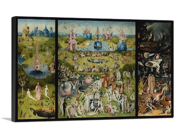 May include: A triptych painting depicting a fantastical landscape with a central panel showing a lush garden filled with people and animals. The left panel shows a mountainous landscape with a tower and a river, while the right panel depicts a hellish scene with a fiery city and a large, winged creature.