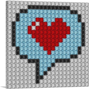 May include: A pixelated speech bubble with a red heart inside. The speech bubble is outlined in black and filled with a light blue color. The background is a white and gray pattern.
