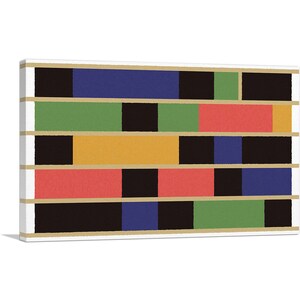 May include: Abstract geometric art print with a colorful pattern of black, green, blue, red, and yellow squares and rectangles.