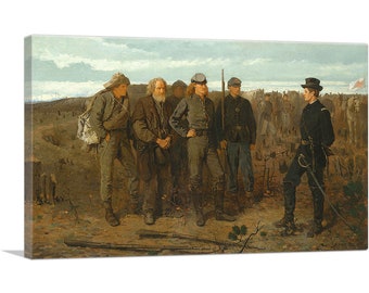May include: A painting depicting a group of men in a field. The men are dressed in different clothing, some in military uniforms and others in civilian clothes. The men are standing in a line, and there are trees and bushes in the background.