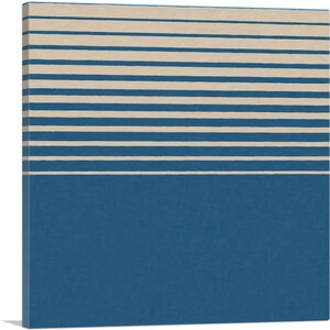 May include: Abstract art print with horizontal stripes in beige and blue. The stripes are evenly spaced and create a modern and minimalist design.