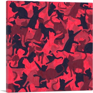 May include: A red and black abstract pattern featuring a repeating silhouette of cats. The cats are in various poses and are layered on top of each other.