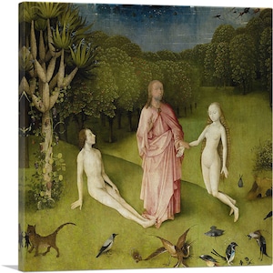 May include: A painting depicting the Garden of Eden, with Adam and Eve standing in a lush green landscape. A figure in a pink robe stands between them, with a hand raised in blessing. The scene is filled with birds and other animals, including a cat and a rabbit.