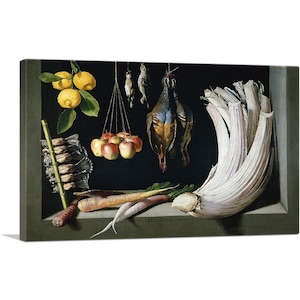May include: A still life painting featuring a variety of food and game.  The painting includes a pheasant, apples, lemons, carrots, radishes, and a stalk of celery.  The painting is signed "Juan Sanchez Cotan" and dated "1602".