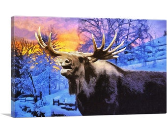 ARTCANVAS Moose in Snowy Forest Home Decor Canvas Art Print 26"x18"