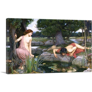May include: A painting depicting a woman in a pink robe sitting by a pond, looking at a man lying on the ground, looking into the water. The man is wearing a red robe and a wreath of leaves. The pond is surrounded by rocks and green foliage.