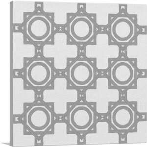 May include: A white background with a repeating pattern of gray geometric shapes. The pattern is made up of squares and circles, creating a modern and minimalist design.