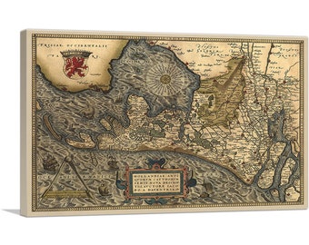 May include: An antique map of the Netherlands, showing the coastline and surrounding areas. The map is in a vintage style with a brown and beige color scheme. The map is titled "HOLLANDIAE ANTIQUORUM CATTHORUM SEDIS NOVA DESCRIPTIO" and is dated 1570.
