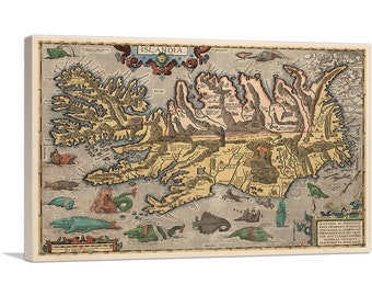 May include: An antique map of Iceland, with a detailed illustration of the island's coastline and interior. The map is surrounded by a border of sea creatures, including whales, sea serpents, and fish. The map is titled "ISLANDIA." and includes the text "FLEXSTRI AC POTENTISS REGI FREDERICO BAN MORYECIAR SLAVORY CO CTES CLEMENTING AMIREAL VELLEIVE INSCRIREA ET DEDICABAT."