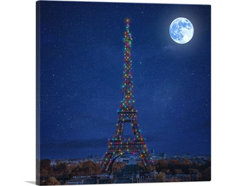 ARTCANVAS Paris France Eiffel Tower Christmas Holliday Lights Blue Night Sky Canvas Art Print
