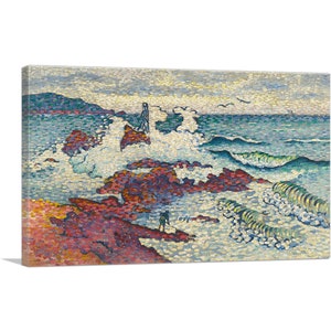 May include: A painting of a seascape with crashing waves and a rocky shore. The water is a vibrant blue and green, and the waves are white and foamy. The rocks are a deep red and brown, and there is a small figure standing on the shore.