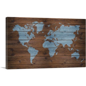 ARTCANVAS Rustic Dark Brown Printed Wood Baby Blue World Map Canvas Art Print