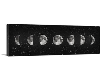 May include: A black and white illustration of the moon in different phases against a black background with white stars.