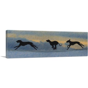 May include: Three black silhouettes of dogs running across a blue and yellow painted background. The dogs are running in a line, with the first dog in the lead and the last dog in the back. The background is a stylized depiction of a sky with clouds.