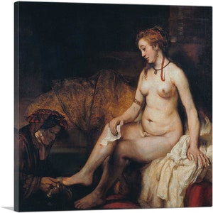 May include: A painting depicting a woman sitting on a bed, with a second person tending to her foot. The woman is nude and has a red headband and a necklace. The second person is wearing a dark robe and a red hat.