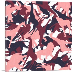 May include: Abstract camouflage pattern featuring pink, burgundy, and navy blue animal silhouettes. The pattern is made up of giraffes, elephants, and other animals.