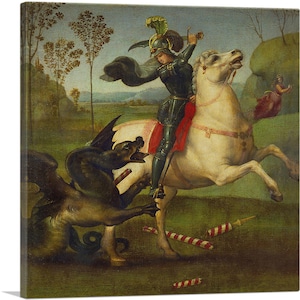 May include: A painting depicting a knight on horseback slaying a dragon. The knight is wearing armor and a helmet with a plume, and is holding a sword. The dragon is green and has wings. The background is a landscape with trees and a river.