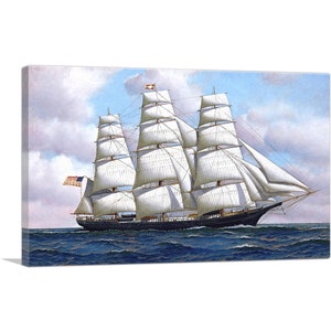 May include: A painting of a large, black sailing ship with white sails, set against a blue sky and ocean. The ship has three masts and is fully rigged with sails. The American flag is flying from the stern.
