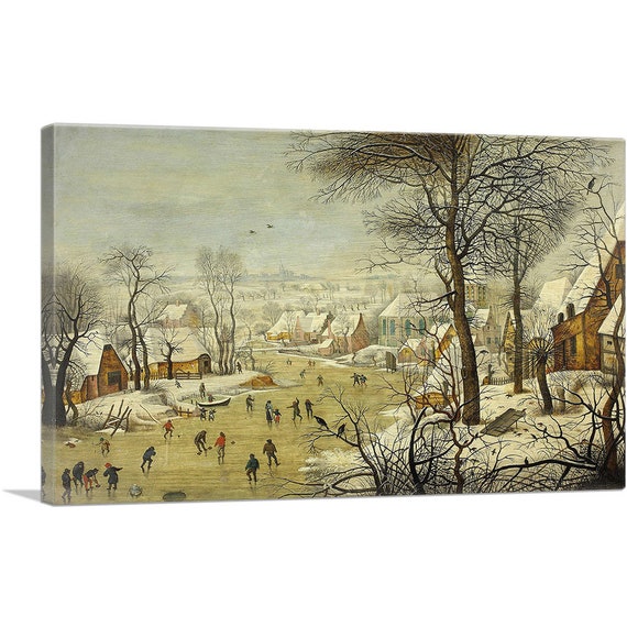 ARTCANVAS Winter Landscape With Ice Skaters and a Bird Trap 1565