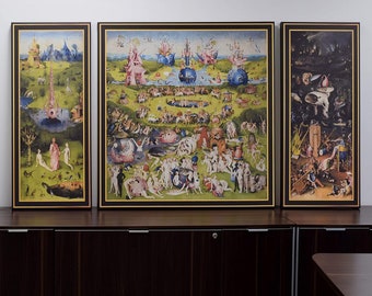 May include: Three framed paintings depicting scenes from the Garden of Eden, Hell, and Paradise. The paintings are in a traditional style with vibrant colors and intricate details.