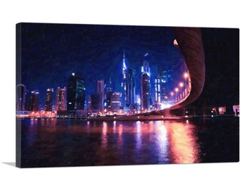 ARTCANVAS Dubai Night Cityscape Skyline With Bridge Canvas Art Print 26"x18"