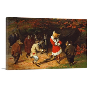 May include: A painting of a fox wearing a red and white robe standing in a forest with other animals. The fox is surrounded by rabbits and squirrels. The animals are all wearing clothing and appear to be in a meeting.