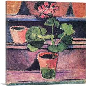 May include: A painting of a pink geranium plant in a terracotta pot. The plant is on a wooden shelf with a second terracotta pot behind it. The background is a dark purple and blue.