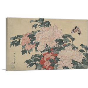 ARTCANVAS Peonies and Butterfly 1833 by Katsushika Hokusai Canvas Art Print
