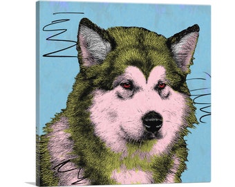 May include: A close-up portrait of a fluffy, white and brown dog with pink fur and red eyes. The dog is looking directly at the viewer against a light blue background.