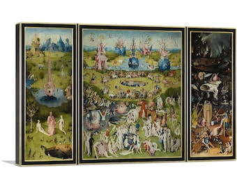 May include: A triptych painting depicting the Garden of Eden, a bustling scene of people and animals, and a depiction of Hell. The Garden of Eden features a large tree with a serpent, while Hell is filled with fire and demons.