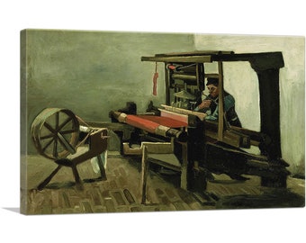 May include: A painting of a person sitting at a loom, weaving a red fabric. A spinning wheel is in the foreground.