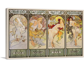 May include: A vintage art nouveau poster depicting four women representing the four seasons. The women are dressed in flowing gowns and surrounded by floral motifs. The poster is titled "HIVER, PRINTEMPS, ETE, AUTOMNE" in French, which translates to "Winter, Spring, Summer, Autumn".