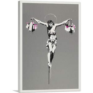 ARTCANVAS Jesus Christ with Shopping Bags by Banksy Canvas Art Print 26&quot;x18&quot;