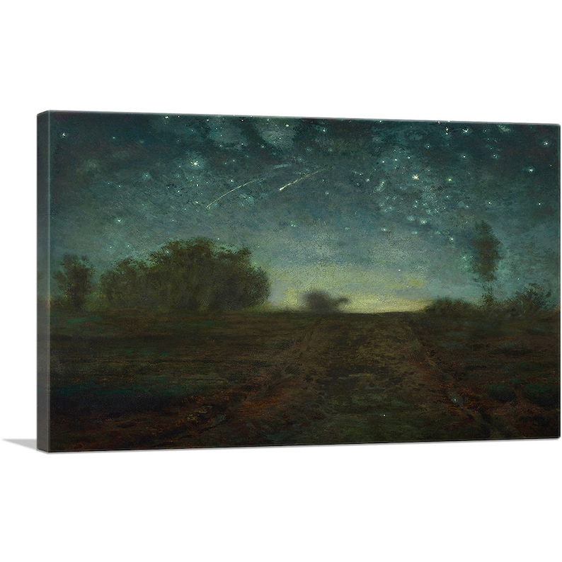 May include: A painting of a dark, starry night sky over a field with a dirt road leading into the distance. The sky is filled with stars and two shooting stars are visible. The field is dark green and the road is brown.