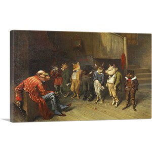May include: A painting of a group of anthropomorphic animals standing in a line in front of a man in a red and white striped coat. The animals are a cat, a fox, a rabbit, a pig, and a wolf. The man is looking at the animals with a stern expression.